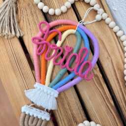 Macrame Rainbow Hot Air Balloon, Christening Gift, Personalized, Birth, Wall Hanging, Door Sign, Children's Room, Baby Room - thumbnail 3