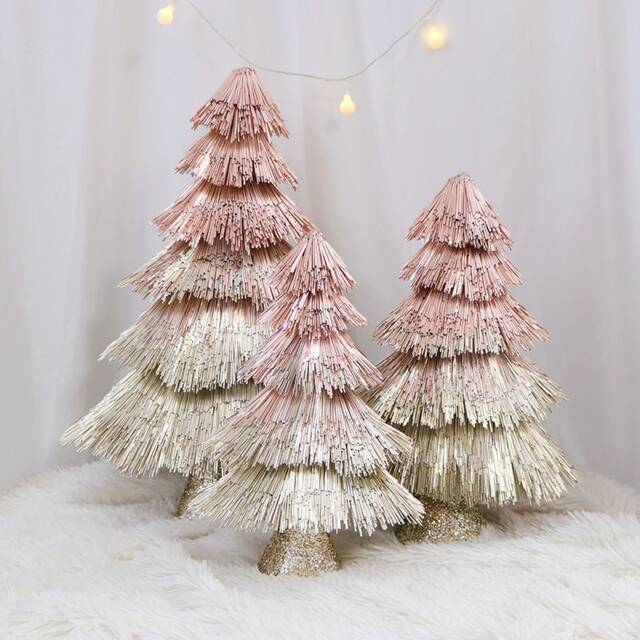 3Pcs Miniature Christmas Tree Set Champagne & Rose Gold Table Decor - image 1
