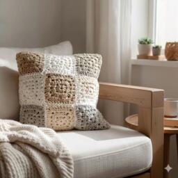 Neutral Crochet Granny Square Pillow Cover, Beige Patchwork Cushion, Knit Case, Farmhouse Boho Decor, Bohem Color Pillow - thumbnail 1
