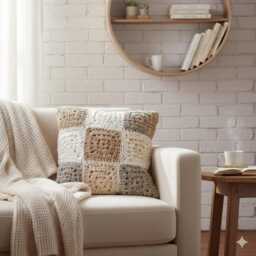 Neutral Crochet Granny Square Pillow Cover, Beige Patchwork Cushion, Knit Case, Farmhouse Boho Decor, Bohem Color Pillow - thumbnail 2