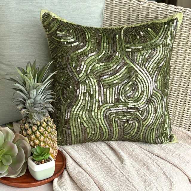 "Green Art Silk Sequins & Beads Decorative Throw Pillow Cover, 16""x16" - image 1