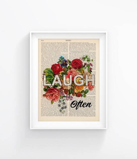 Laugh Often - Positive Quote Print, Inspirational Art, Motivational With Flowers, Vintage Book Page 187 - image 1