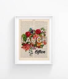Laugh Often - Positive Quote Print, Inspirational Art, Motivational With Flowers, Vintage Book Page 187 - thumbnail 1