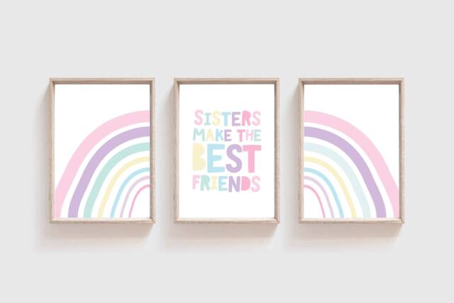 Set Of 3 Sister Prints, Girls Bedroom Nursery Print, Rainbow Wall Art, Playroom Pastel, Art - image 1