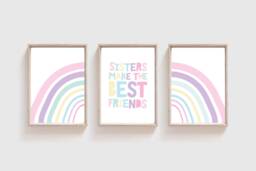 Set Of 3 Sister Prints, Girls Bedroom Nursery Print, Rainbow Wall Art, Playroom Pastel, Art - thumbnail 1