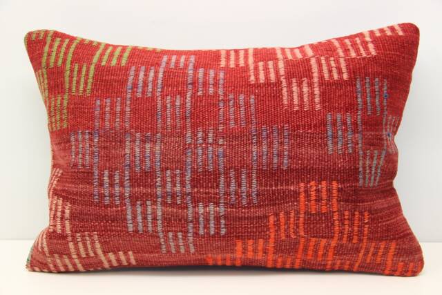 Turkish Kilim Pillow Cover 16x24, Handmade Wool Lumbar Cushion - image 1