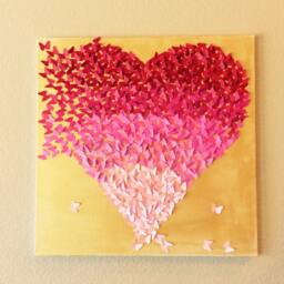 Butterfly Heart Canvas Art, Red Pink Ombre, Gold Nursery Decor - thumbnail 1