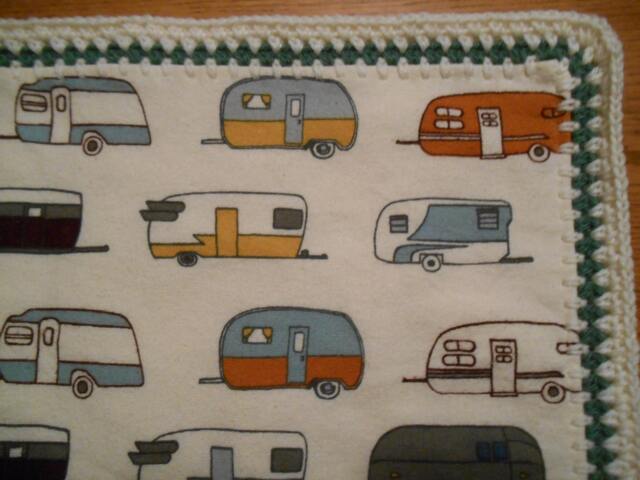 Flannel Baby Blanket/Throw With Vintage Trailers Print & Crocheted Edges - image 1