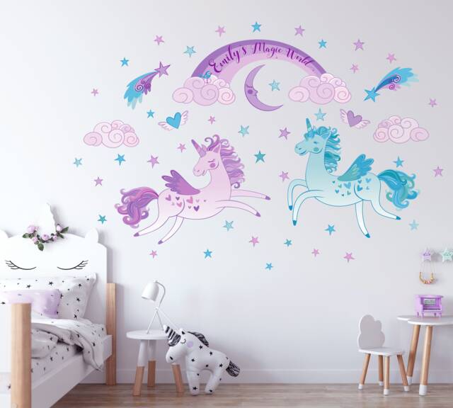 Unicorns, Rainbow, Clouds & Stars Personalized Repositionable Fabric Wall Decal For Nursery Or Girl's Room, Eco Friendly Reusable Sticker - image 1