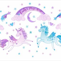 Unicorns, Rainbow, Clouds & Stars Personalized Repositionable Fabric Wall Decal For Nursery Or Girl's Room, Eco Friendly Reusable Sticker - thumbnail 2