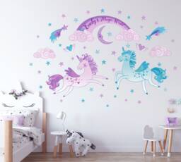 Unicorns, Rainbow, Clouds & Stars Personalized Repositionable Fabric Wall Decal For Nursery Or Girl's Room, Eco Friendly Reusable Sticker - thumbnail 1