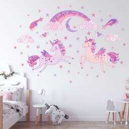 Unicorns, Rainbow, Clouds & Stars Personalized Repositionable Fabric Wall Decal For Nursery Or Girl's Room, Eco Friendly Reusable Sticker - thumbnail 3
