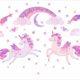 Unicorns, Rainbow, Clouds & Stars Personalized Repositionable Fabric Wall Decal For Nursery Or Girl's Room, Eco Friendly Reusable Sticker - thumbnail 4
