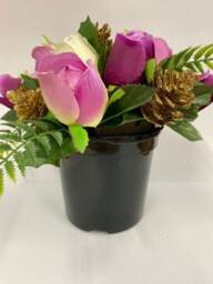 Purple & White Silk Rose Arrangement Gold Cones, Grave/Table Decor