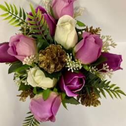Purple & White Silk Rose Arrangement Gold Cones, Grave/Table Decor - thumbnail 2