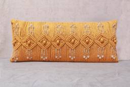 Mustard Macrame Lumbar Pillow Cover, Handmade Boho Cotton Cushion With Wooden Beads, 12x24 Throw