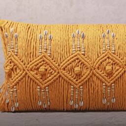 Mustard Cotton Macrame Bohemian, Bali Style Pillow Cover, Decorative Handmade Throw Cover, Embroidered Cover Wlcc050 - thumbnail 2