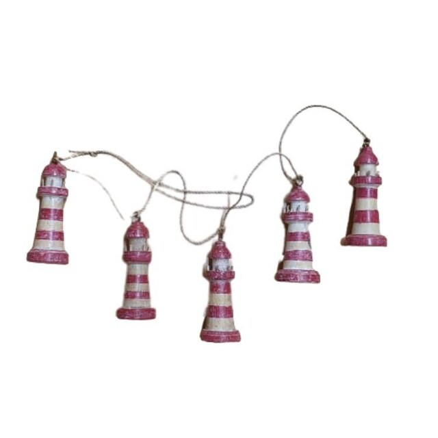 Hand Crafted Wooden Red Lighthouse String Garland, Seaside Home, Coastal, Bathroom Decor