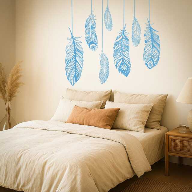 Boho Feather Wall Decal - Tribal Ethnic Vinyl Sticker Bohemian Art For Bedroom, Nursery Or Living Room Decor 1484Dz - image 1