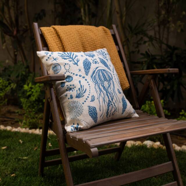 Coastal Print Linen Throw Pillow Cover - Handwoven Accent Decorative Pillowcase Set 16x16 For Couch Sage Ochre Brick Red Blue - image 1