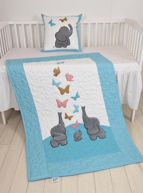 Butterfly Baby Blanket, Turquoise Blue, Gold, Salmon Pink Crib Bedding, Elephant Quilt, Safari Nursery - image 1