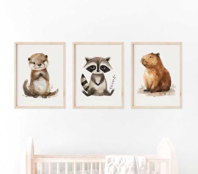 Raccoon, Capybara, Otter Prints Animal Nursery Decor Set - image 1