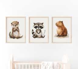 Raccoon, Capybara, Otter Prints Animal Nursery Decor Set - thumbnail 1