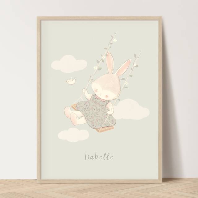 Personalized Bunny Nursery Print - Girl's Room Pastel Wall Art - image 1