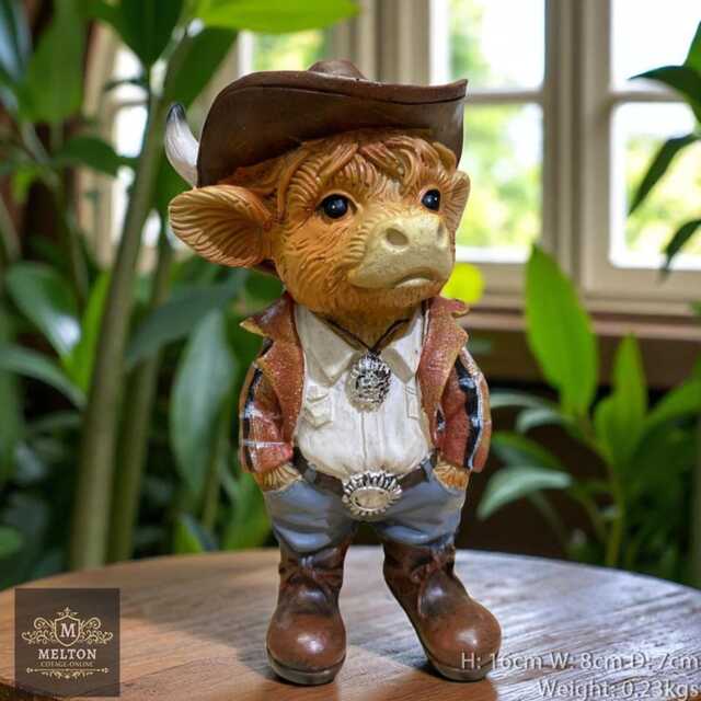 Cowboy Highland Cow Fun Resin Small Garden Ornament Indoor Outdoor Statue Decor