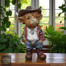 Cowboy Highland Cow Fun Resin Small Garden Ornament Indoor Outdoor Statue Decor - thumbnail 3