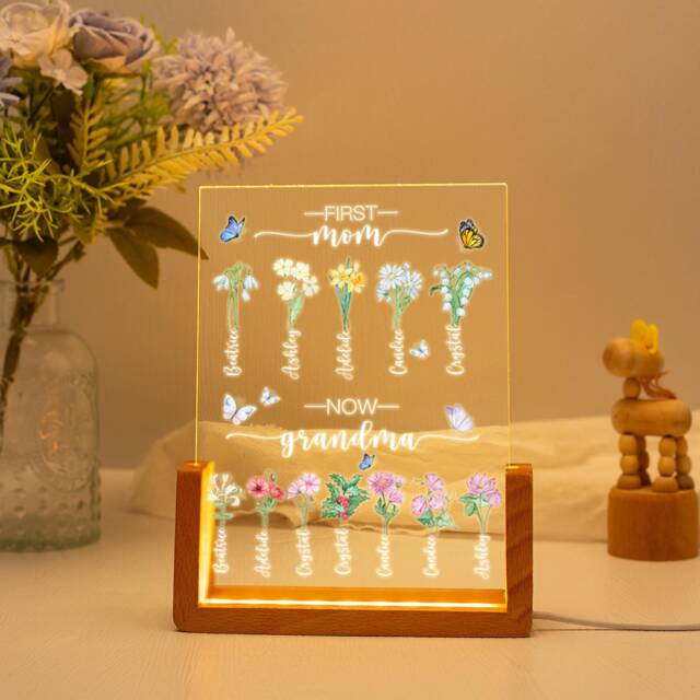 First Mom Now Grandma Gift Night Light, Personalized Flower Birth Month Garden, Mother Day Gift, Ideal Gift, Mum Birthday Gift, Nana - image 1