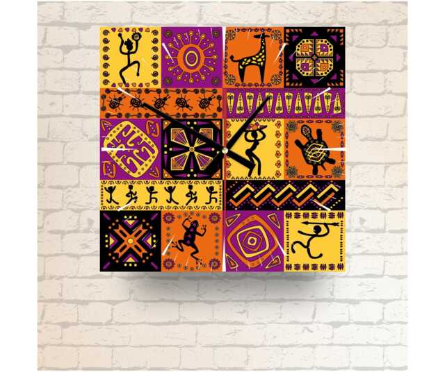 African Art Wall Clock Square Glass Tribal Design - 20cm/30cm - image 1
