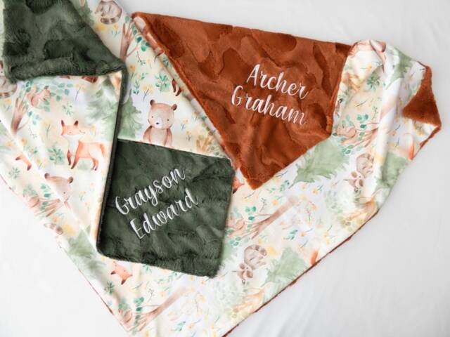 Personalized Baby Blanket, Gender Neutral, Woodland Animals Monogrammed Gift, Forest Nursery Decor - image 1
