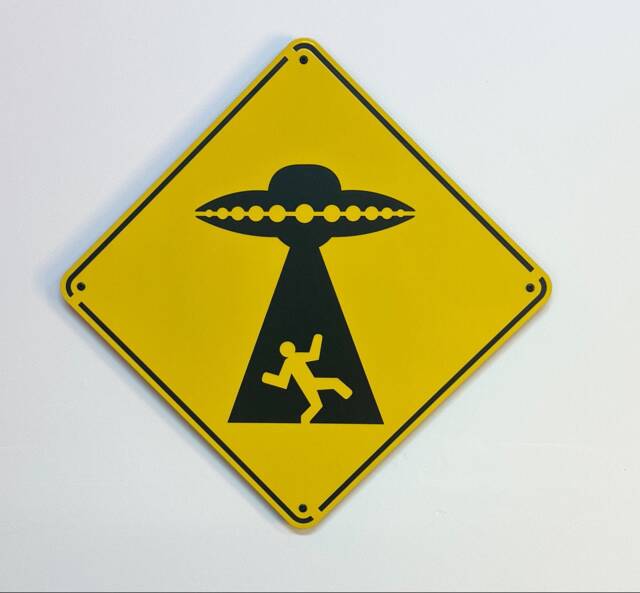 Alien Invasion Warning Sign - Yellow Metal Wall Art - image 1