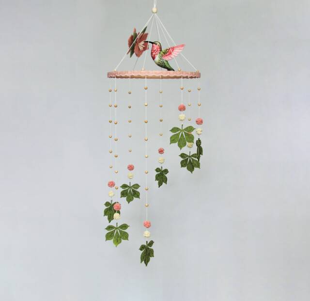 Baby Mobile With Hummingbird - Mobile Baby Floral For Girl Boho Nursery Tropical Crib Pink Green Leaves Hanging - image 1