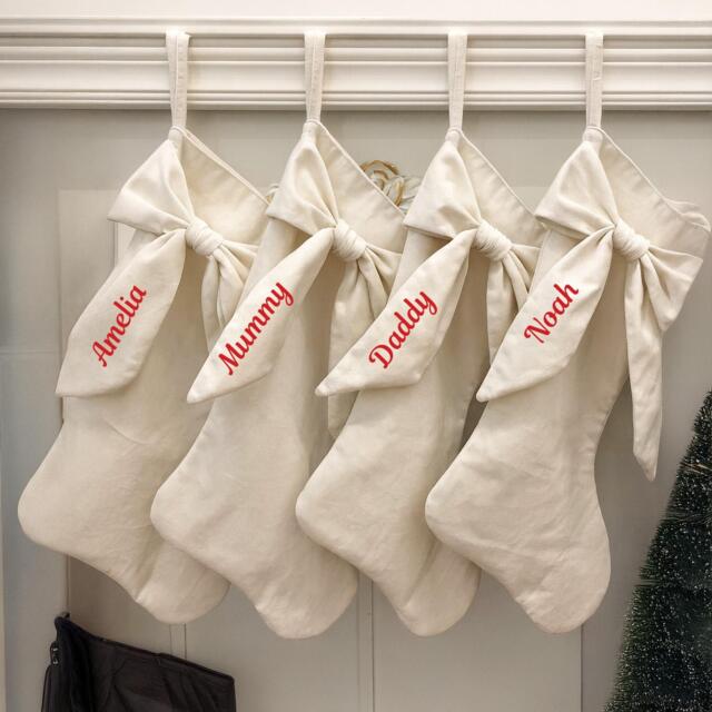 Personalised Bow Christmas Stocking Xmas Deluxe 45cm Hanging Red Cream - image 1