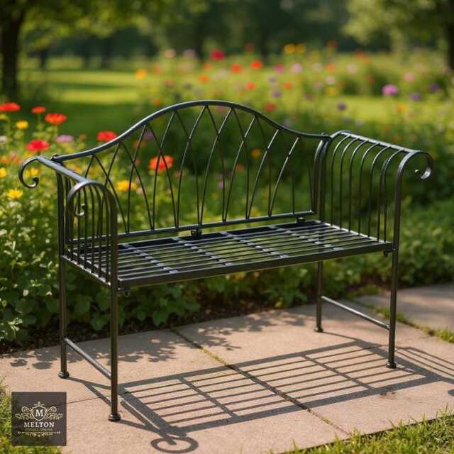 Regal Black Metal Garden Bench Two-Seater 90x128x45cm Outdoor Seating - image 1