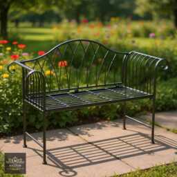 Regal Black Metal Garden Bench Two-Seater 90x128x45cm Outdoor Seating - thumbnail 1