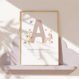 Personalised Animal Nursery Print Custom Baby Name Watercolor Art - thumbnail 2