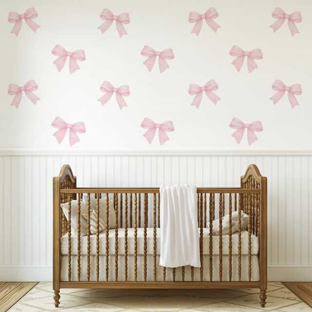 Pink Bow Wall Stickers For Girls Bedroom, Coquette Nursery Decals, Decor, Baby Girl Stickers, Peel & Stick Bows - image 1