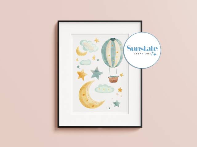 Sage Green Hot Air Balloon Nursery Print, Moon & Stars - image 1