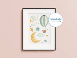 Sage Green Hot Air Balloon Nursery Print, Moon & Stars - thumbnail 1