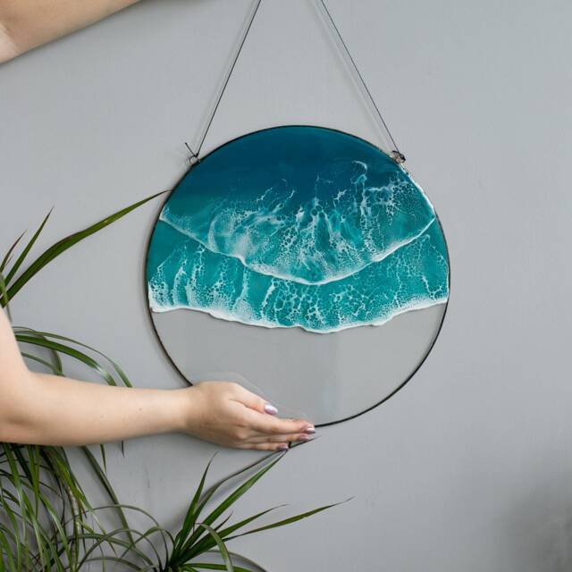 Sea Epoxy Resin Art, Round Double Wave Painting, Ocean Home Decor, Framed Coastal Artwork Wall Hanging, Beach Bathroom Decor - image 1