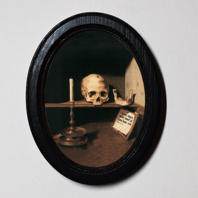 Halloween Black Oval Wooden Framed Picture, 3 X 4 Gothic Print, Witchy Wall Hanging, Bartholom??us Bruyn Skull & Candle - image 1