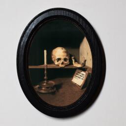 Halloween Black Oval Wooden Framed Picture, 3 X 4 Gothic Print, Witchy Wall Hanging, Bartholom??us Bruyn Skull & Candle - thumbnail 1