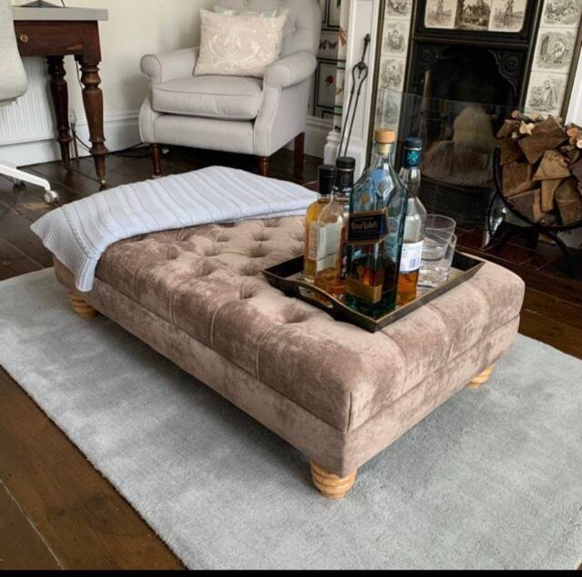 Handmade Chesterfield Footstool, Velvet Upholstered Ottoman Coffee Table - image 1