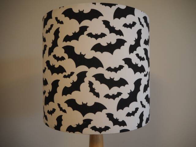 Black White Bat Lampshade Gothic Animal Design Handmade Cotton Fabric Drum Shade Table Floor Or Ceiling Pendant - Various Sizes - image 1