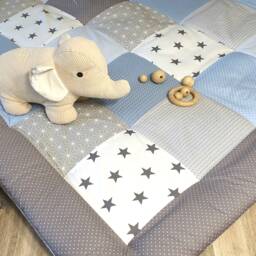 Crawling Blanket - Patchwork Blanket Baby Stars Light Blue/Gray/White 3-4 cm Thick With Name/Date Time Size Weight - thumbnail 3
