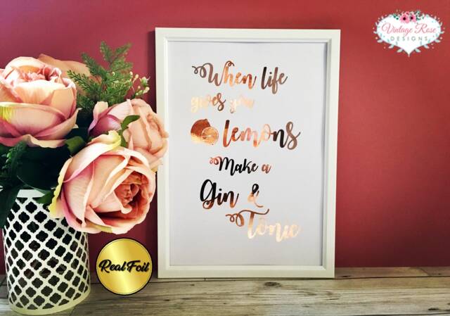 Gin & Tonic Real Foil Print, Sign Decoration, Rose Gold Framed Or Unframed A4 Art, Home Decor - image 1