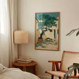 Mediterranean Courtyard Poster - Olive Tree Illustration Green Beige Interior Wall Art - thumbnail 2